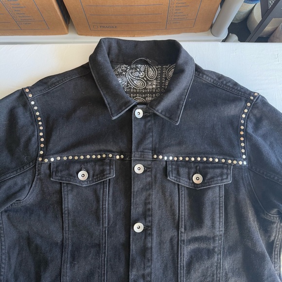 Zara Man Faux Suede Fringe Studded Black Denim Jacket Pockets Button Up Size L - Picture 4 of 16